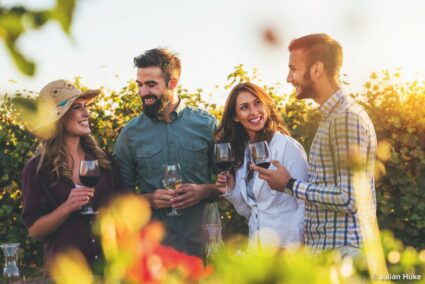 fröhliche Freunde trinken ein Glas Wein im Garten